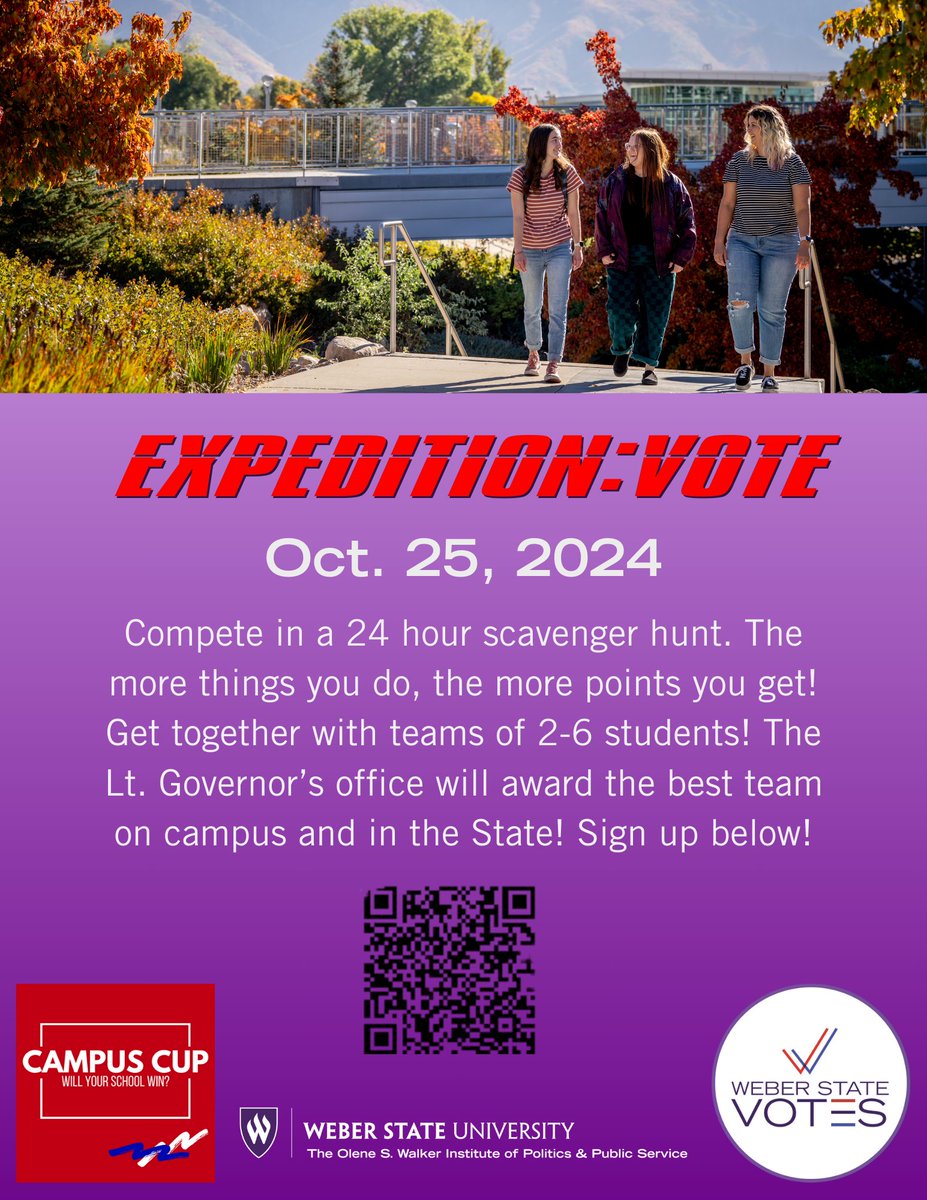 Help Weber State win the Campus Cup for Voting Engagement by participating in Expedition Vote, a scavenger hunt that will catapult WSU to the top of the pack of Voter Registration.

Sign up here: docs.google.com/forms/d/e/1FAI…