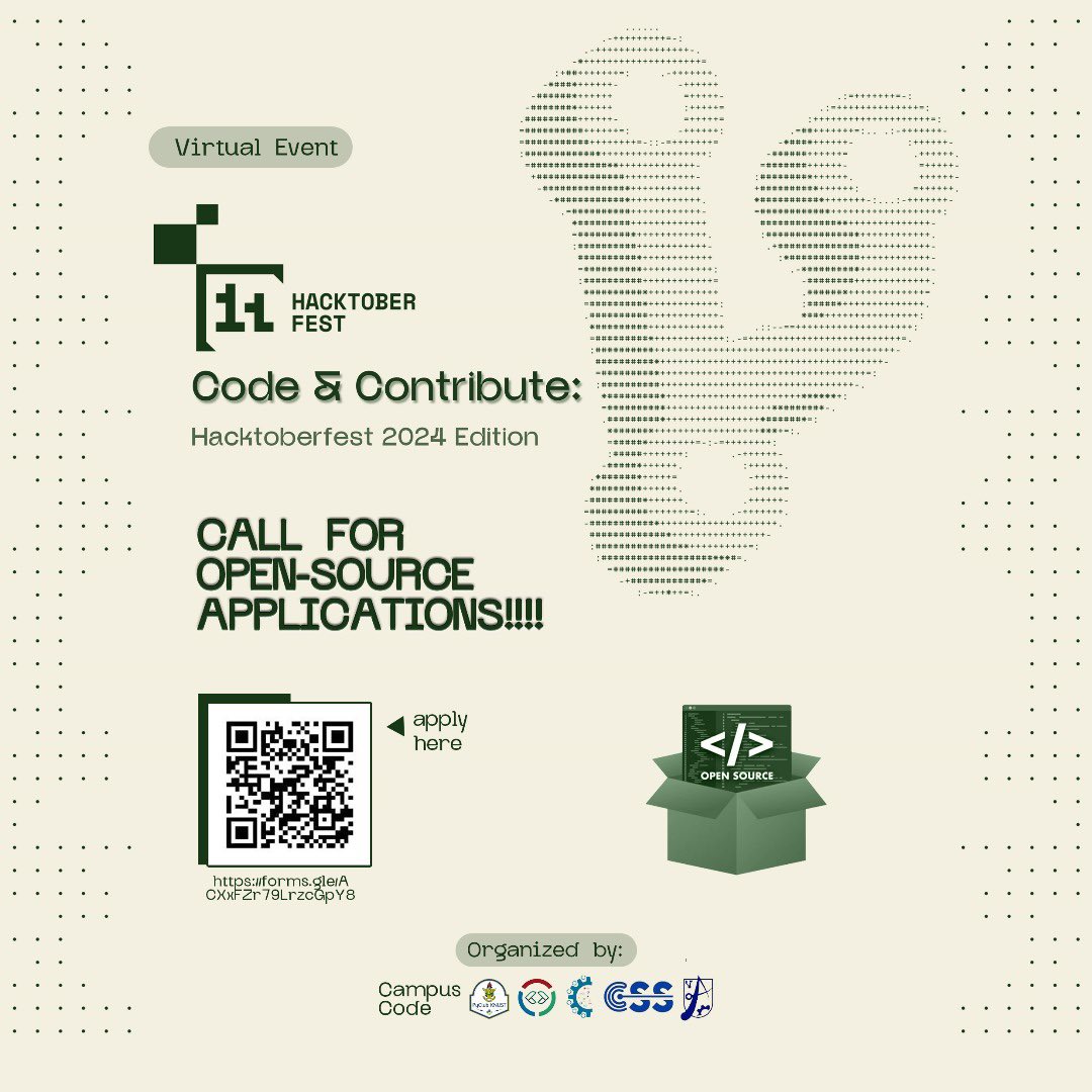 CodeContribute's tweet image. This Hacktoberfest 2024, we’re giving you the chance to showcase your project and attract contributions from our community
Don’t miss #Ep2 of our Hacktoberfest series with @ditiroo_dt , Happening Saturday, 12th October 2024!🗓️
Submit your project!
👉 forms.gle/ACXxFZr79LrzcG…