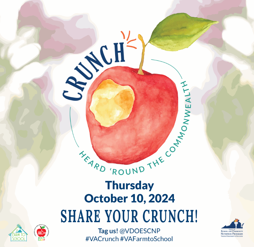 PortsVASchools's tweet photo. Join in the fresh festivities of "Crunch Heard 'Round the Commonwealth" by taking a bite of a Virginia-grown apple tomorrow, Oct. 10! Don't forget to tag #PPSShines and #VACrunch in your social media posts! @VDOESCNP #VAFarmToSchool https://t.co/kO6Jhg5GPb