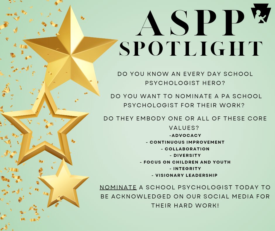 Do you know a hard-working, every day, school psychologist hero?

 Did you know that you can nominate any PA school psychologist for an ASPP Spotlight! Click the link below to nominate someone you know! 

docs.google.com/forms/d/e/1FAI…