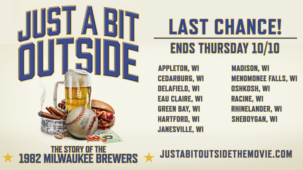 JABOthemovie's tweet photo. hey, it’s been fun, but we gotta go!!!
massive thanks to these theaters for giving us the honor of sharing @JABOthemovie with all of you. if you haven’t seen our 99% ⭐️⭐️⭐️⭐️⭐️ audience rated doc (@RottenTomatoes) about the amazing ‘82 brewers yet, 2 nights left to catch it! https://t.co/z3N04FW2bj
