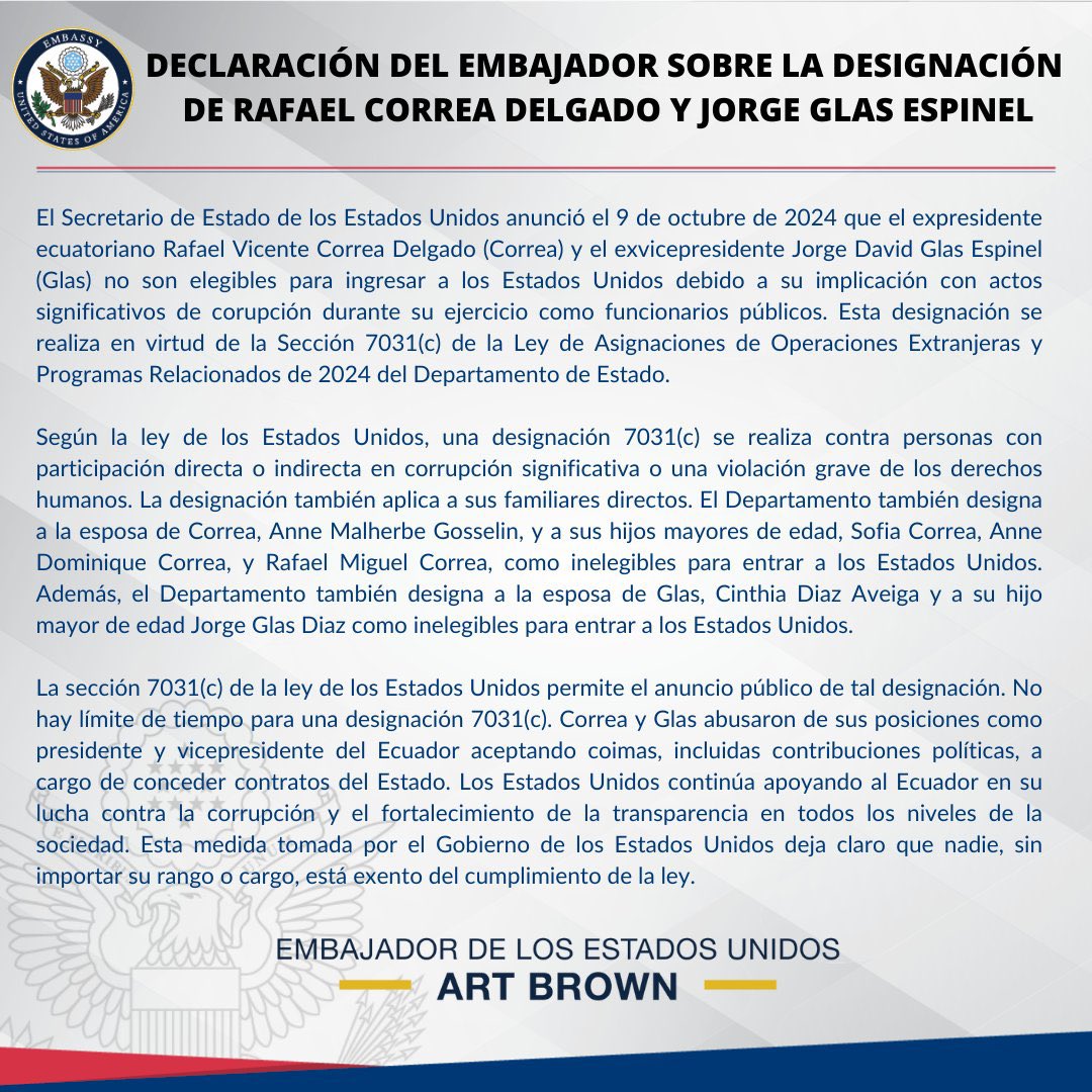 eduandinoe's tweet photo. El gobierno de Estados Unidos anuncia que  el ex Presidente, Rafael Correa, y el ex vicepresidente, Jorge Glas, no son elegibles para entrar al país “debido a su implicación con actos significativos de corrupción …” ⬇️ https://t.co/TS4Jzs3gjd
