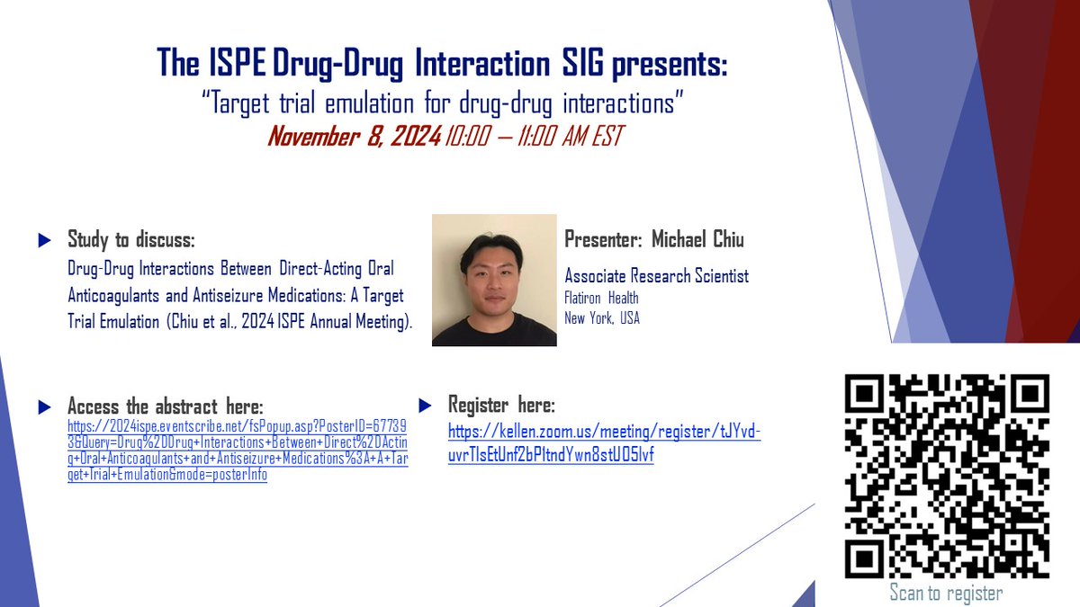 🚨Please join our next Journal Club on Friday 8th Nov 10-11am (EST), where  

Mr Michael Chiu will present: 

“Target trial emulation for drug-drug interactions"

Register here: shorturl.at/yooh8