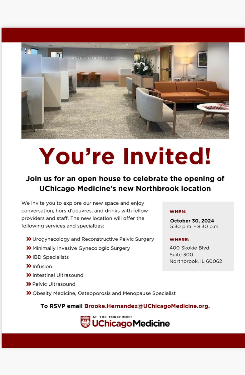 Maggie Mueller MD (@maggiegmueller) on Twitter photo Come join us to celebrate the opening of University of Chicago Medicine’s Northbrook location!
<a href="/KimKenton1/">Kim Kenton MD</a> <a href="/cgauppmd/">Christina L Gaupp</a> <a href="/sarah_collins3/">Sarah Collins, MD</a> <a href="/DrFarahAlvi/">Farah A. Alvi, MD, MS</a> <a href="/UChicagoMed/">UChicago Medicine</a> <a href="/UChicago/">The University of Chicago</a> <a href="/uchicago_obgyn/">UChicago Obstetrics and Gynecology Department</a> Come join us to celebrate the opening of University of Chicago Medicine’s Northbrook location!
<a href="/KimKenton1/">Kim Kenton MD</a> <a href="/cgauppmd/">Christina L Gaupp</a> <a href="/sarah_collins3/">Sarah Collins, MD</a> <a href="/DrFarahAlvi/">Farah A. Alvi, MD, MS</a> <a href="/UChicagoMed/">UChicago Medicine</a> <a href="/UChicago/">The University of Chicago</a> <a href="/uchicago_obgyn/">UChicago Obstetrics and Gynecology Department</a>