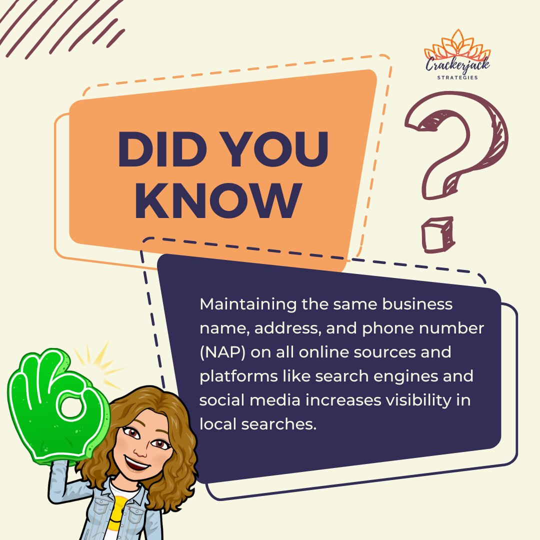 CrackerjackStr's tweet image. 👆🏼We help with that! 👆🏼We help with that! Keeping your info the same everywhere is like giving Google a perfect GPS signal to your front door.

#crackerjackstrategies #localseo