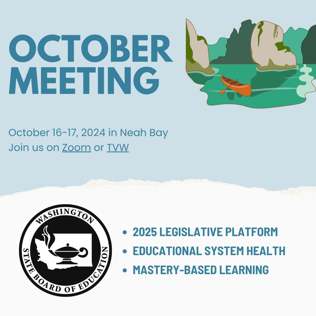 The Board will meet Oct. 16-17 at Neah Bay Elementary School. The Board will review a draft of its 2024 System Health Report, vote to finalize it’s 2025 legislative platform, and receive an update on the state’s Mastery-based Learning Collaborative.

content.govdelivery.com/accounts/WAOSP…