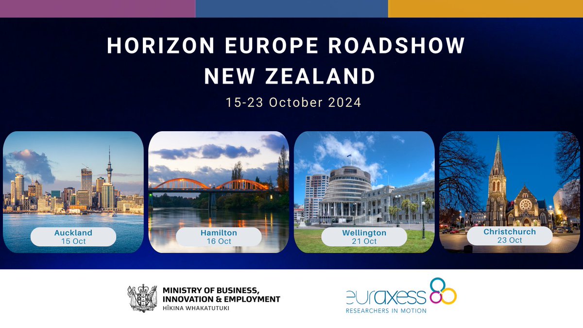 Euraxess_AusNZ's tweet photo. 🇪🇺🤝🇳����We are gearing up for our much anticipated, @MBIEsci -  @Euraxess_AusNZ Horizon Europe Roadshow New Zealand 2024.

🔹Auckland: 15 Oct
🔹Hamilton: 16 Oct
🔹Wellington: 21 Oct
🔹Christchurch: 23 Oct  

Last few days and spots remaining to register. Details: https://t.co/UMdyn2ttKN

@EUScienceInnov, @REA_research, @EUinNZ 

#HorizonEurope #HorizonEU #Research #Innovation