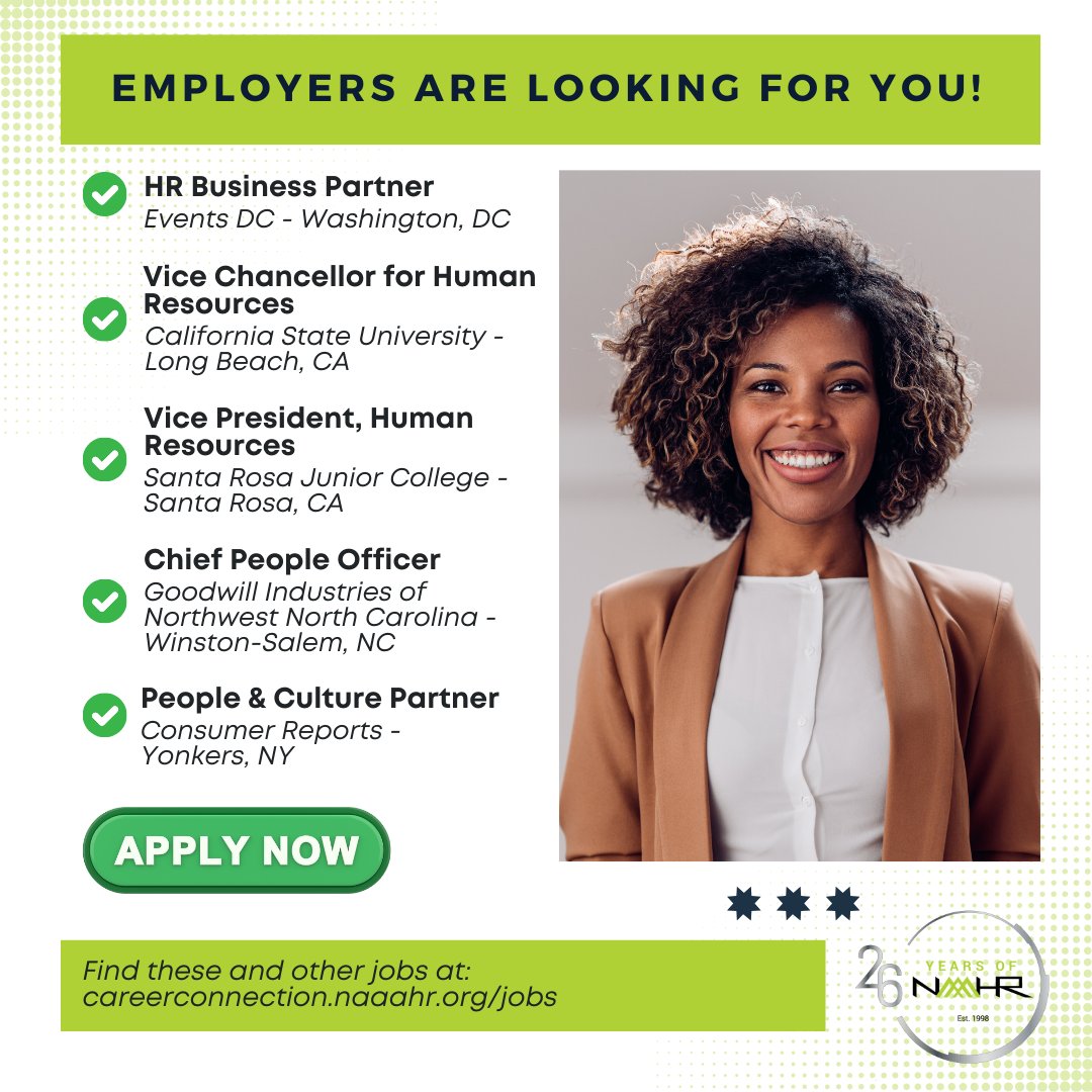 NAAAHRofficial's tweet photo. 🚨Our partners are searching for top talent like YOU! Looking for a career upgrade? Our partners are hiring HR pros! Explore now &amp; apply at https://t.co/JmxAdViLl5. #HRJobs #CareerGrowth #NAAAHR #blackexcellence #humanresources #joinus #hr #diversityjobboard #diversecandidates https://t.co/rIZSgWJmzc