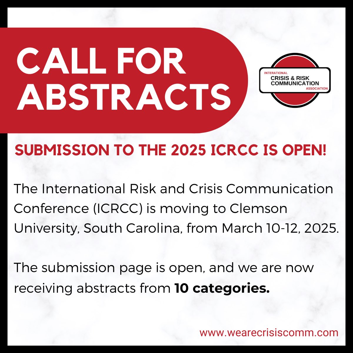 Just 8 weeks to go! We are now receiving abstract submissions from 10 categories for the 2025 International Crisis and Risk Communication Conference (ICRCC).

#ICRCA
#ICRCC2025
#WeAreCrisisComm #ICRCA2025