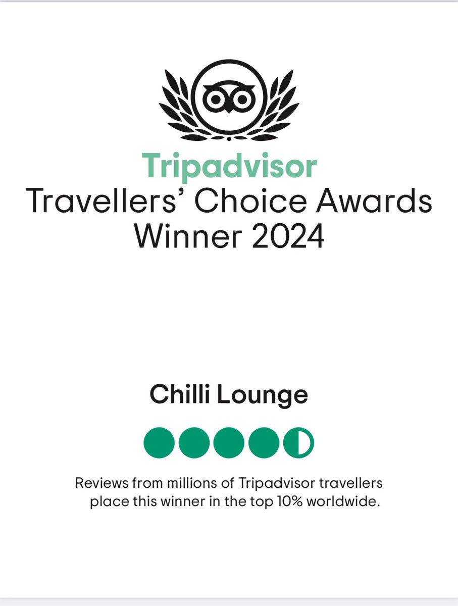 chillilounge's tweet photo. We are thrilled to announce that we have won the Travelers' Choice Award 2024 from TripAdvisor! A heartfelt thank you to our amazing customers for your endless support and loyalty. We couldn’t have achieved this without you! https://t.co/biIbITwn7y