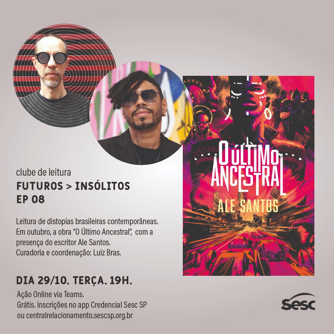O Clube de Leitura do #SescOsasco esse mês traz ninguém menos que o escritor Ale Santos (<a href="/Savagefiction/">Ale Santos</a>), autor de "O Último Ancestral", obra que vamos hablar muito com ele.

Aproveita e já se inscreve pelo app Credencial Sesc SP ou pelo site centralrelacionamento.sescsp.org.br