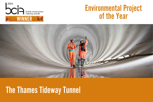 Our first winner of the night, well done The Thames Tideway Tunnel, winner of #BCIAwards Environmental Project of the Year category. <a href="/TidewayLondon/">Tideway</a>, Jacobs #winner #construction #constructionawards