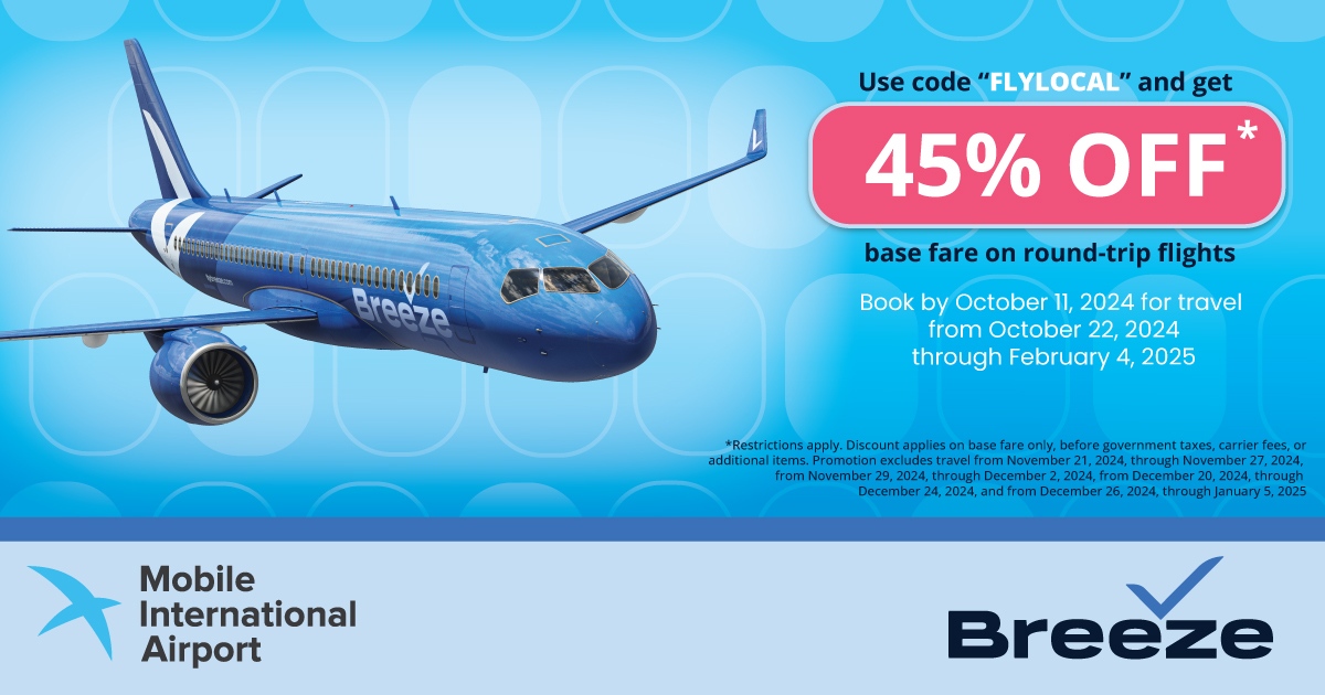 ✈️ Fly nonstop from Mobile International Airport (BFM) to Orlando with 45% OFF roundtrip base fares! Use code "FLYLOCAL" at flybreeze.com or on the Breeze app. Hurry, book by Friday for travel through Feb 4, 2025!

#FlyBreeze #FlyBFM

*Terms apply.