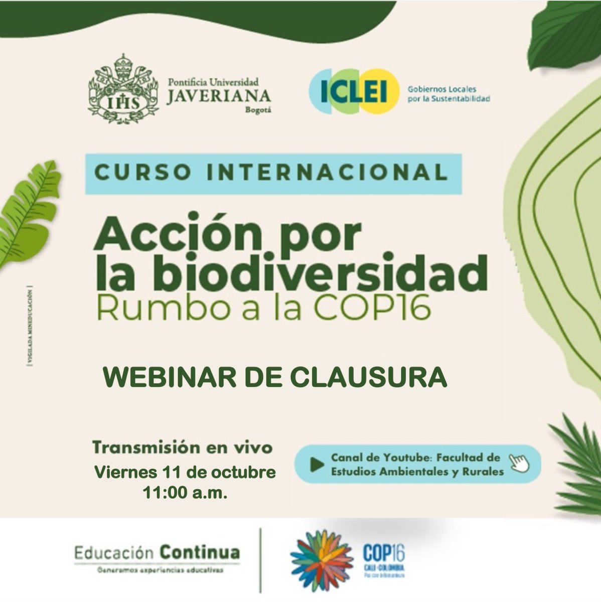 fearpuj's tweet photo. Curso Internacional: Acción por la Biodiversidad - Rumbo a la COP16 
📢 ¡No te pierdas el Webinar de clausura, donde vivimos aprendizajes, discusiones y aportes alrededor de la biodiversidad y la COP 16! 
 Sigue la transmisión en vivo por nuestro canal de YouTube https://t.co/U9XQgyPMA3