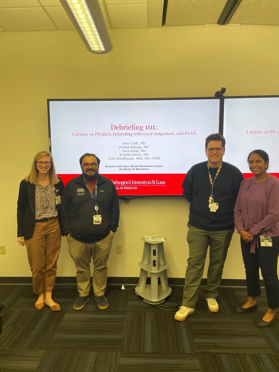WashUAcadEd's tweet photo. Thank you to our Debriefing Skills workshop leads @SaraKGreer #AlexCroft #PreetaGeorge #ErnestoRomo for leading an incredible session! For all @WashUAcadEd workshops, make sure to check out our website here: https://t.co/5FqNAWIQld. https://t.co/HIAM9tmhTD