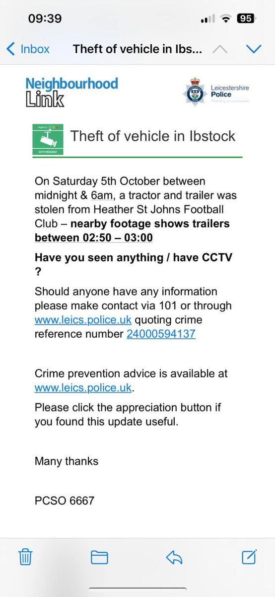 Absolutely gutted &amp; fuming about this in equal measure. 
This equipment was used for maintain pitches so 100’s of kids could play football every week, as well as maintaining our first team pitch. 
If anyone has any info please call <a href="/leicspolice/">Leicestershire Police</a> &amp; please share.
#grassrootsfootball