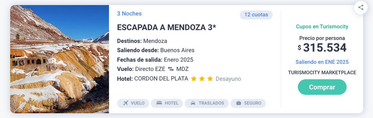 juligurfinkiel's tweet photo. Esto de @TurismoCity es una LOCURA:

Paquete a Mendoza en enero, 4 días y 3 noches cuesta $315.000 por persona

Si busco el mismo vuelo (misma aerolínea, día y horarios), hotel, traslados y asistencia por separado: $660.000 por persona.

Menos de la mitad sale https://t.co/cT3iQ7jfbj