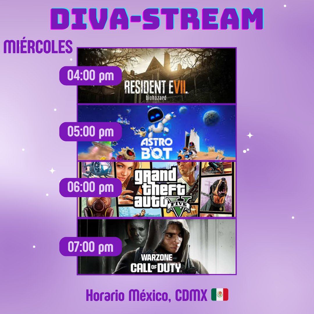 DiVaPurpleGamer's tweet photo. Hoy DiVa-Stream a las 4:00pm 🎮💜 Excelente Miércoles! Te espero! 🤗✨✨✨
💜 https://t.co/G2OWelvHst… 
#gamergirl #streamergirl #gamer #twitchstreamer #streamer #residentevil7 #AstroBot #AstroBotPS5 #GTAV #GrandTheftAutoV #GTA5 #warzone #CallofDuty https://t.co/mlEiExVWjw