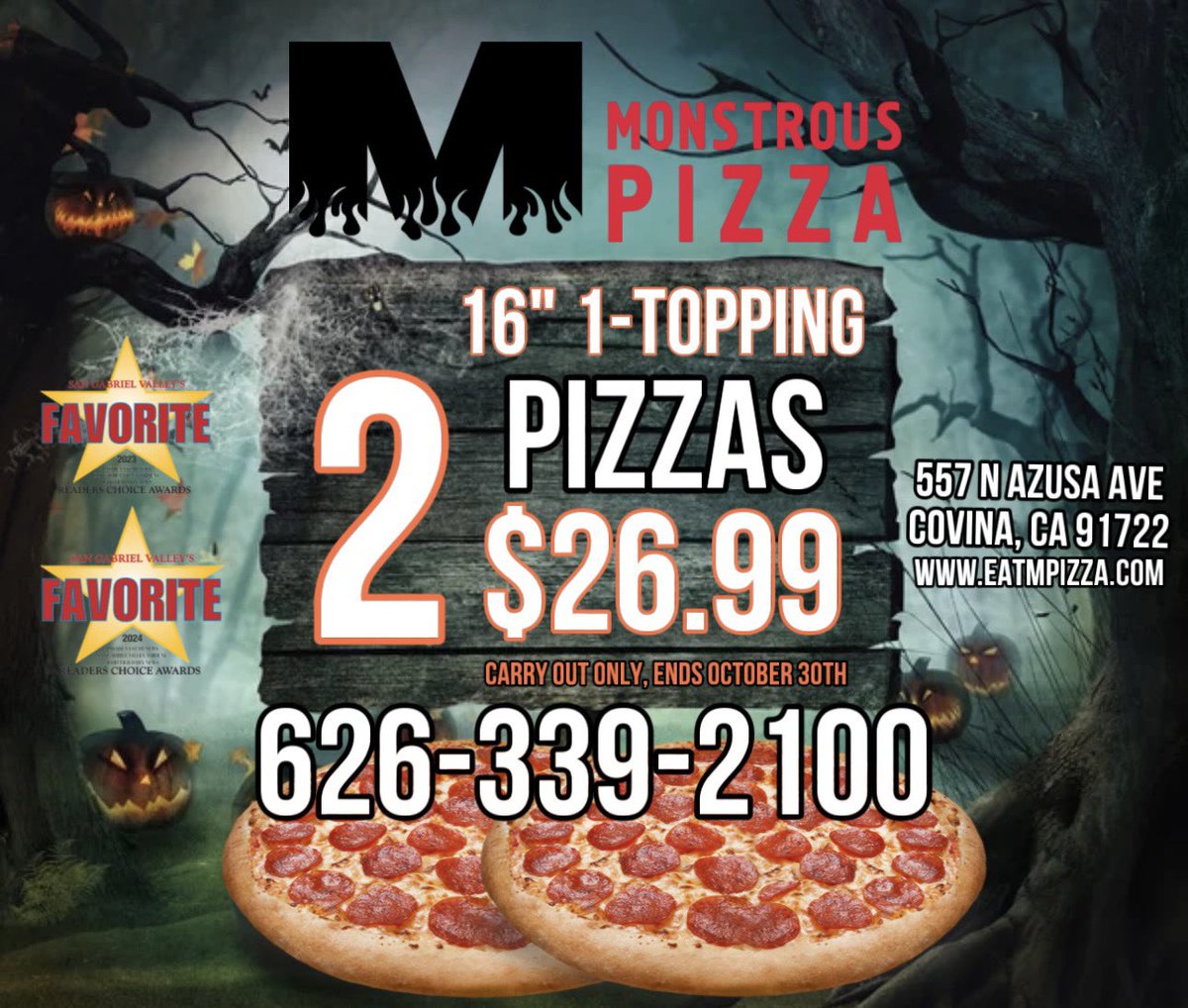 MonstrousPizza's tweet photo. Our Halloween special is here! 🎃 Two large 16” 1-topping pizzas for $26.99, carry-out only. Perfect for Covina movie nights or Halloween parties! 👻 Ends Oct. 30th—don’t miss out! #Covina #MonstrousPizza #PizzaDeal https://t.co/18jkCVdnM3