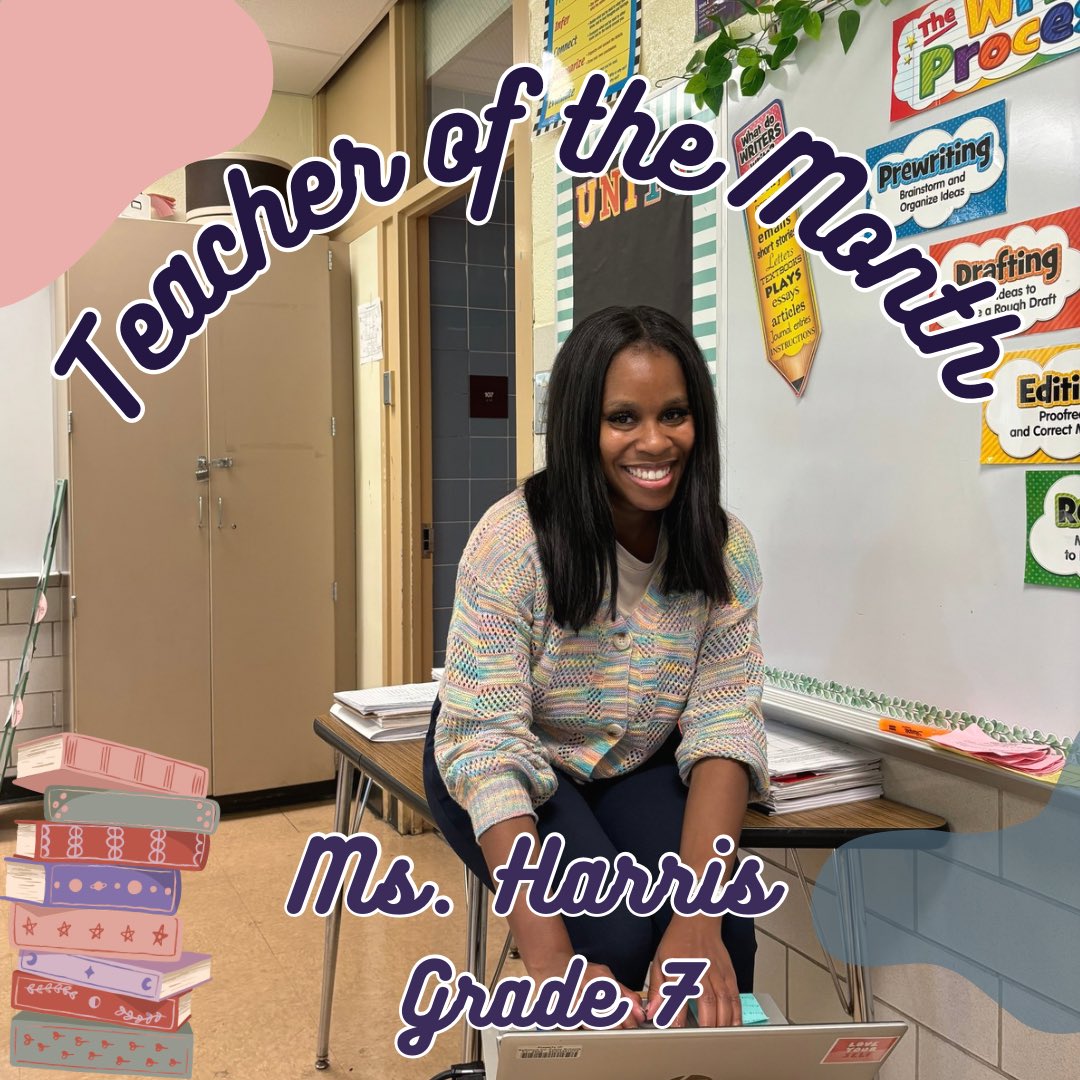 Congratulations to Ms. Harris (grade 7 ELA) on being voted by her colleagues as Staff Member of the Month! Ms. Harris, we appreciate the work you do here at WMS. We commend you on creating a rigorous and student centered learning environment.