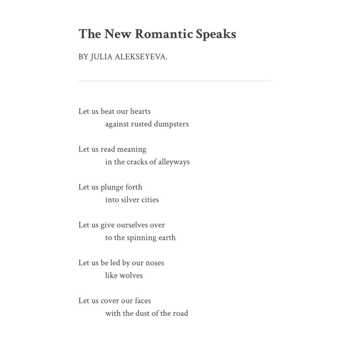 recenterpress's tweet photo. “The New Romantic Speaks” by Julia Alekseyeva @thesoviette, in Issue 5 of the Recenter Press Poetry Journal

Read two of Julia’s poems in the latest issue here: https://t.co/Qlbq8zEjvL https://t.co/Duftb0eETM