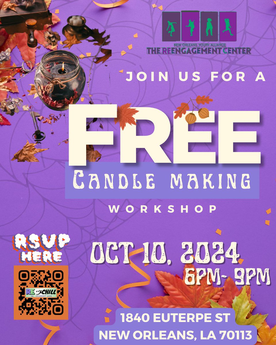 Louisiana Center for Children's Rights (@lakidsrights) on Twitter photo New Orleans' #YouthJusticeActionMonth events continue tomorrow night with this free candle making workshop provided by our partners <a href="/neworleansyouth/">New Orleans Youth Alliance</a>. RSVP and reserve your spot for creative and fun event by scanning the QR code on the last slide. #YJAM2024 #YOUthareworthit New Orleans' #YouthJusticeActionMonth events continue tomorrow night with this free candle making workshop provided by our partners <a href="/neworleansyouth/">New Orleans Youth Alliance</a>. RSVP and reserve your spot for creative and fun event by scanning the QR code on the last slide. #YJAM2024 #YOUthareworthit