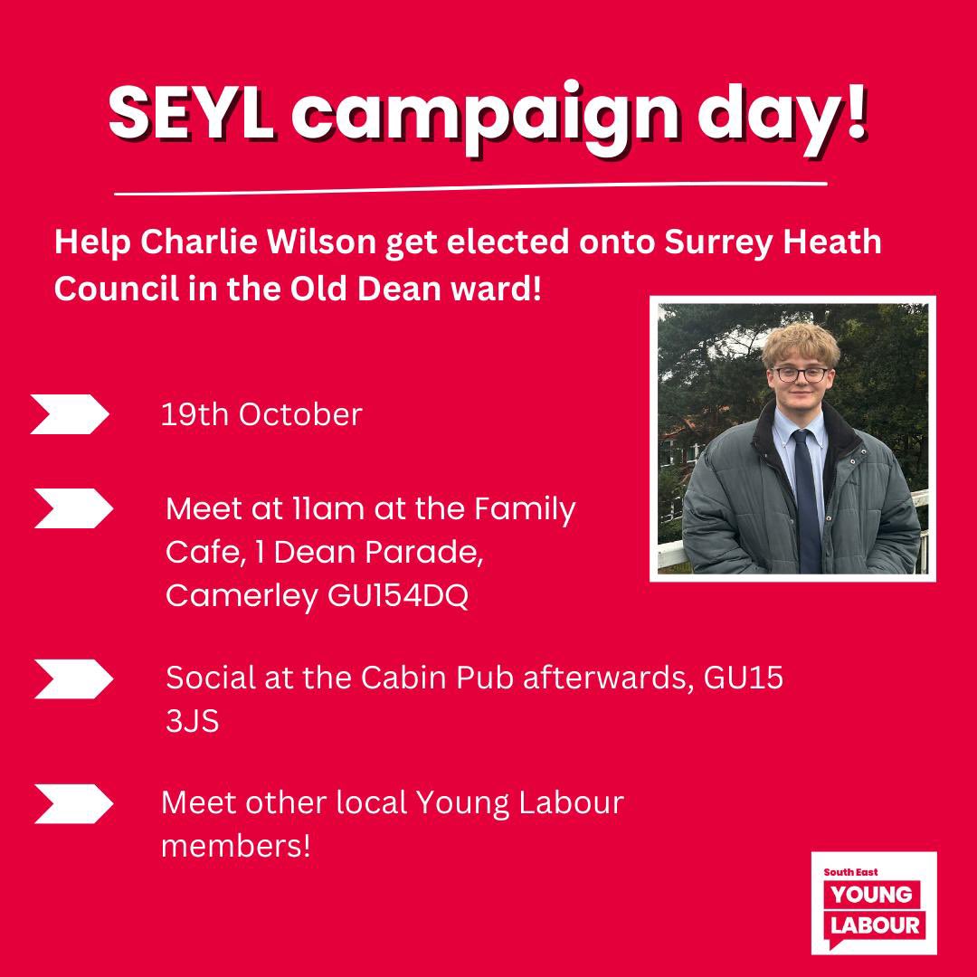 YoungLabourSE's tweet image. Join us on the 19th of October to campaign for @cgkwilson in Surrey Heath!

Haven’t campaigned before? No worries, training will be provided.

RSVP here events.labour.org.uk/event/471196

Happy campaigning!
