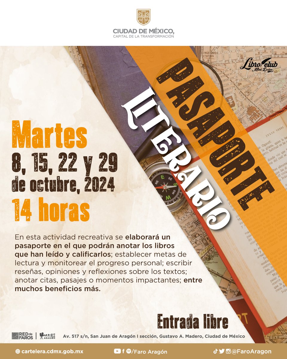 FaroAragon's tweet photo. ✈️ Seguimos con turbulencia 🤩✨
🗒 Este 22 y 29 de octubre, 2024 a partir de las ⏰14 horas
💥Se parte de esta actividad elaborando tu 🪪 Pasaporte 🪪 plasmaras tus metas de lectura y más.
Recuerda la ENTRADA es total mente LIBRE✨🤩
#LibroClub #faroaragón #CDMX #libros https://t.co/3ypt7Bgnhr
