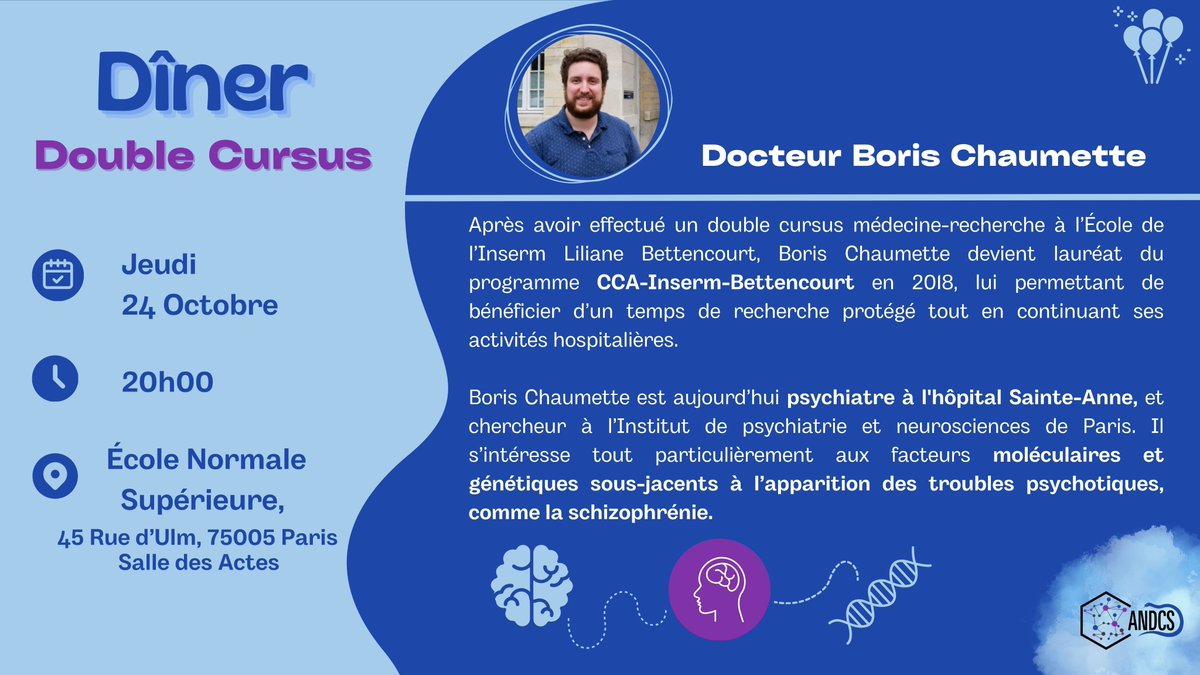 ANDCS (@andcs_asso) on Twitter photo Le deuxième dîner double cursus de l'année aura lieu le Jeudi 24 Octobre à 20h à l'<a href="/ENS_ULM/">École normale supérieure | PSL</a>. Nous aurons le plaisir d'accueillir le Docteur <a href="/BorisChaumette/">Boris Chaumette</a>, psychiatre à l'hôpital Sainte-Anne et chercheur spécialiste des troubles psychotiques à l'<a href="/Insermu1266/">Inserm Paris 5 Ipnp</a>. 🧠 Le deuxième dîner double cursus de l'année aura lieu le Jeudi 24 Octobre à 20h à l'<a href="/ENS_ULM/">École normale supérieure | PSL</a>. Nous aurons le plaisir d'accueillir le Docteur <a href="/BorisChaumette/">Boris Chaumette</a>, psychiatre à l'hôpital Sainte-Anne et chercheur spécialiste des troubles psychotiques à l'<a href="/Insermu1266/">Inserm Paris 5 Ipnp</a>. 🧠