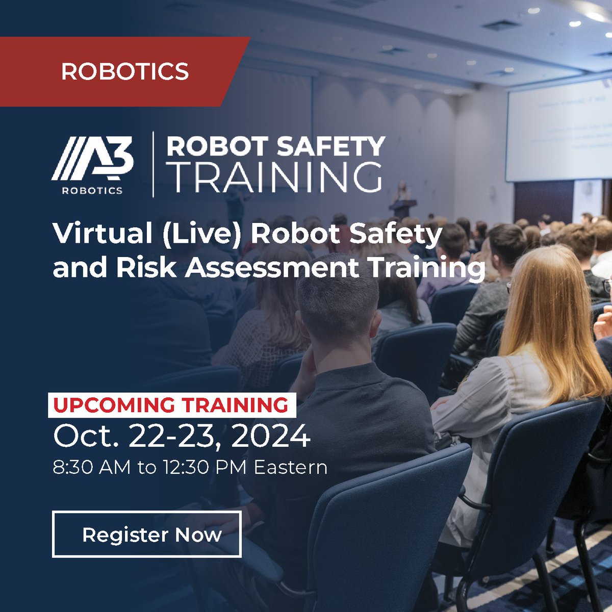 A3Mexico1's tweet image. Join us for our next virtual Robot Safety &amp;amp; Risk Assessment Training session, half-days Tues., Oct 22 &amp;amp; Wed., Oct 23. Virtual live format. Get the details &amp;amp; register for this or a future session at hubs.la/Q02SPt_v0.

#RobotSafety #RobotSafetyStandard