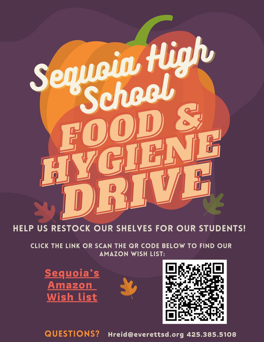 Please consider donating to the Sequoia food and hygiene closets by clicking the link below or scanning the QR code. If you have questions, please contact Heather Reid at the email or number provided.  Thank you!
amazon.com/hz/wishlist/ls…