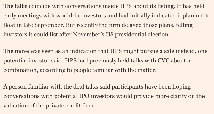 Private credit lender HPS is in talks with asset managers to sell itself. It's also running an IPO process. But is it slow walking that IPO? Some investors view a delay as a sign the process is mainly being used as a way to test HPS's valuation for a sale
ft.com/content/585509…