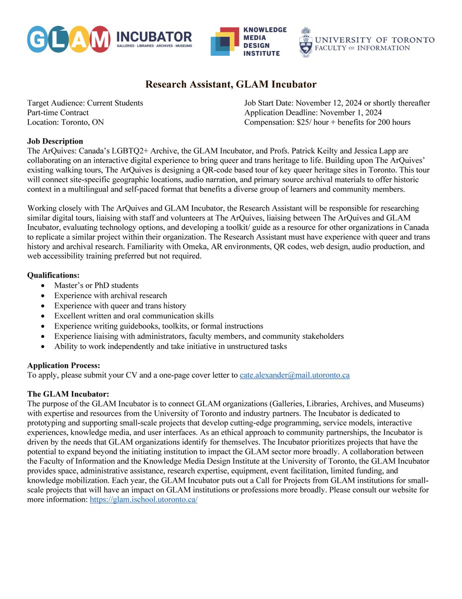 Patrick Keilty (@patrickkeilty) on Twitter photo Seeking a Research Assistant for collaboration between <a href="/TheArQuives/">The ArQuives</a> & the GLAM Incubator, an initiative of <a href="/KMDIUofT/">Knowledge Media Design Institute</a> <a href="/UofTInfoFaculty/">University of Toronto Faculty of Information</a>. The Research Assistant must have experience with queer and trans history and archival research. Deadline Nov. 1. See attached for more info. Seeking a Research Assistant for collaboration between <a href="/TheArQuives/">The ArQuives</a> & the GLAM Incubator, an initiative of <a href="/KMDIUofT/">Knowledge Media Design Institute</a> <a href="/UofTInfoFaculty/">University of Toronto Faculty of Information</a>. The Research Assistant must have experience with queer and trans history and archival research. Deadline Nov. 1. See attached for more info.