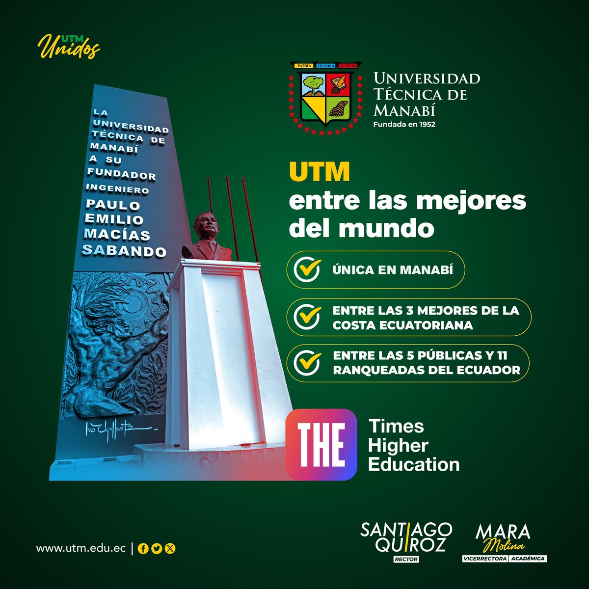 UTMManabi's tweet photo. ¡La Universidad Técnica de Manabí entre las mejores del mundo! 🌍🎓

Nos enorgullece anunciar que la UTM ha sido reconocida en el prestigioso ranking Times Higher Education (THE). 

#UTMUnidos https://t.co/CCI44l9lOs