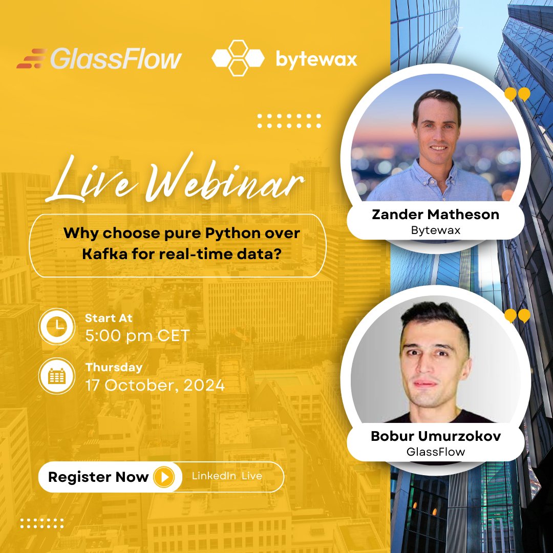 📅 Save the date: October 17th, 2024, at 5 pm CET!

Join our Founder and CEO, <a href="/MathesonZander/">Zander</a>, and <a href="/BoburUmurzokov/">Bobur</a>  (GlassFlow.dev), as they explore why Python-based solutions are becoming more popular for data streaming.

Key takeaways include the complexities of using