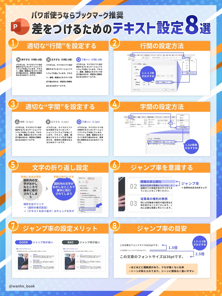 wanho_book's tweet photo. 神は細部に宿る。スライドのレベルが一段上がる”見やすいテキスト設定の秘訣”をまとめました。 https://t.co/unfXNXGrnK