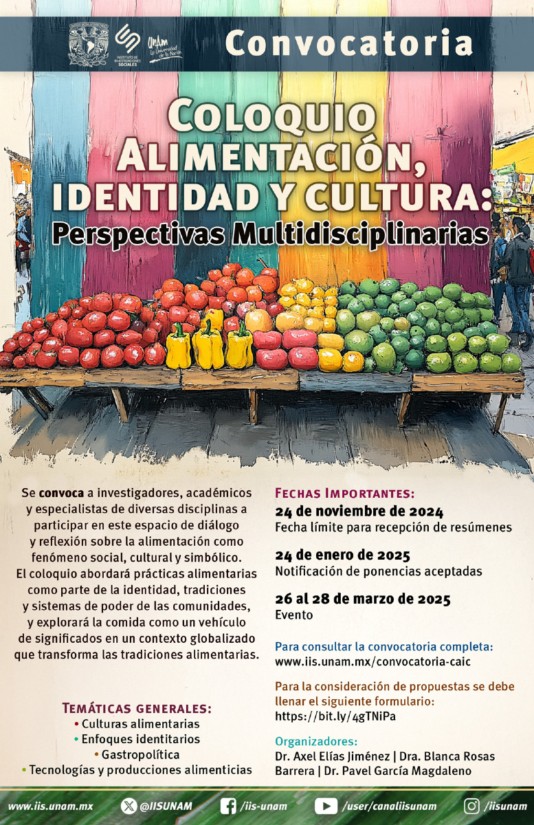 📢 Ya está abierta la convocatoria para el Coloquio Alimentación, identidad y cultura: Perspectivas multidisciplinarias.
🗓️ Tienes hasta el 24 de noviembre para enviar tu propuesta
🔗Registro de propuestas: i.mtr.cool/dosuvsxzxk
📋 Convocatoria completa: i.mtr.cool/shiirowshx