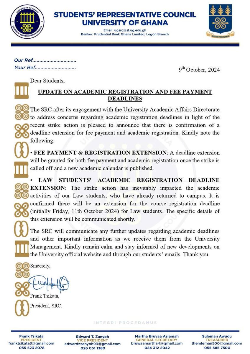 Gredsa_Legon's tweet photo. DEAR GREDSA📌
KINDLY TAKE NOTE OF THE UPDATE ON ACADEMIC REGISTRATION AND FEE PAYMENT DEADLINES RELEASED BY @Ug_src 

Live the dream! https://t.co/h0DETGAJqx
