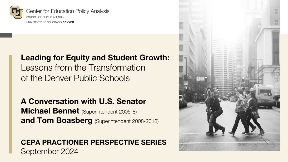 Watch my conversation with #Denver superintendents
<a href="/SenatorBennet/">Michael Bennet</a> &amp; Tom Boasberg <a href="/CUDenverSPA/">CU Denver SPA</a>
about their new white paper Leading for Equity and Student Growth: Lessons from the Transformation of #Denver Public Schools: tinyurl.com/CEPA-Bennet-Bo… 
White paper publicaffairs.ucdenver.edu/cepa