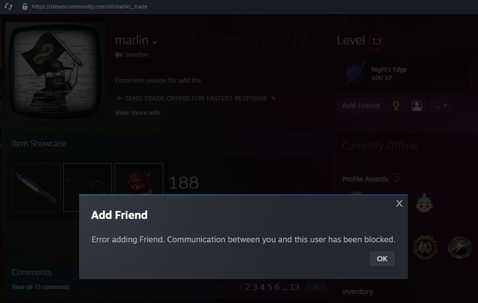 slimecrazzy's tweet photo. can people help me report this guy... after selling some items to him on csfloat decided to do a trade off the platform and come to find he just unfriends me and blocks me lol, it is not a big loss but just dont want more people getting scammed and him being able to use the items https://t.co/r60OPdQwir