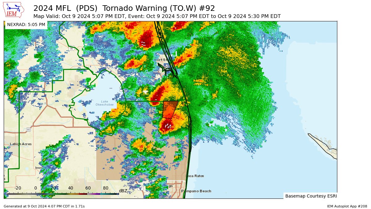 PompanoWeather's tweet photo. MFL issues Tornado Warning (PDS) [tornado: OBSERVED, damage threat: CONSIDERABLE, hail: 0.00 IN] for Palm Beach [FL] till 5:30 PM EDT https://t.co/kPyTm8Epqk https://t.co/qbIJYcvLUW