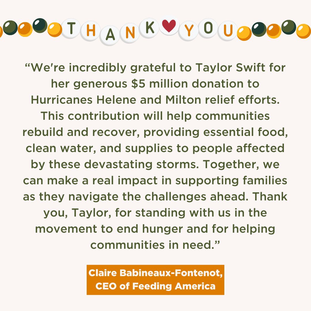 Taylor Swift has donated $5 million to ‘Feeding America’ for Hurricane Helene and Milton relief efforts. 

Her donation will help communities rebuild, provide food, clean water and supplies to those affected.