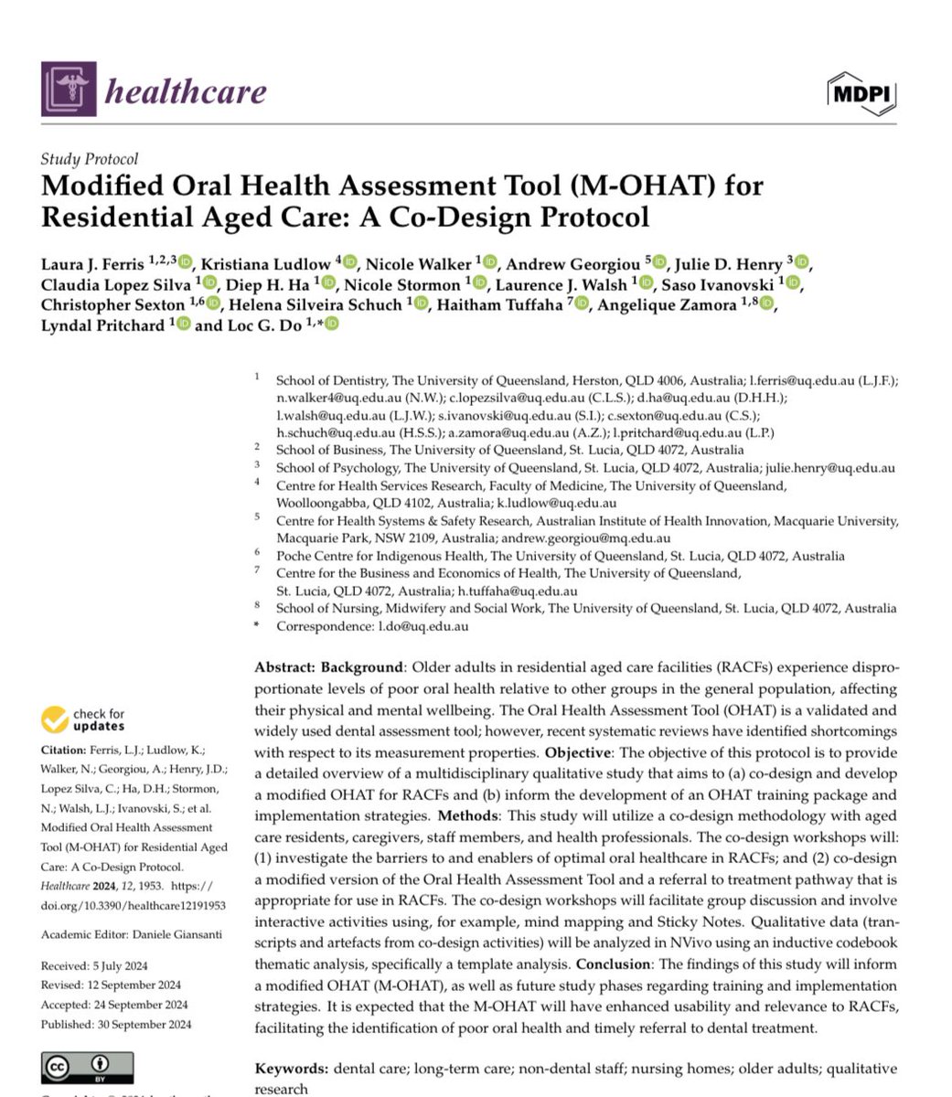 🚨 New publication! Special issue ✨ 

Protocol for the co-design of a Modified Oral Health Assessment (M-OHAT) in residential aged care.

The M-OHAT will facilitate the identification of poor oral health in RACFs and timely referral to dental treatment.

mdpi.com/2227-9032/12/1…