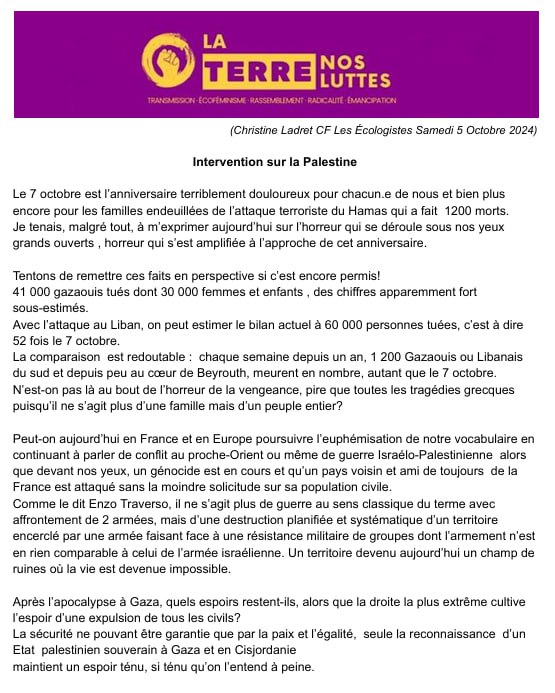 ✊🌍 Communiqué du collectif Ecologiste La Terre Nos Luttes à l'occasion des commémorations du #7Octobre2024 #Palestine #Gaza