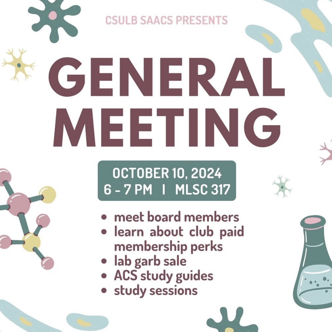 CSULB_BioChem's tweet image. SAACS is having its first general meeting tomorrow (Thursday, 10/10) at 6 pm in MLSC-317. You&apos;ll be able to meet some of their board members, learn about the perks of being a paid member, and discuss other plans they have for the rest of the school year!