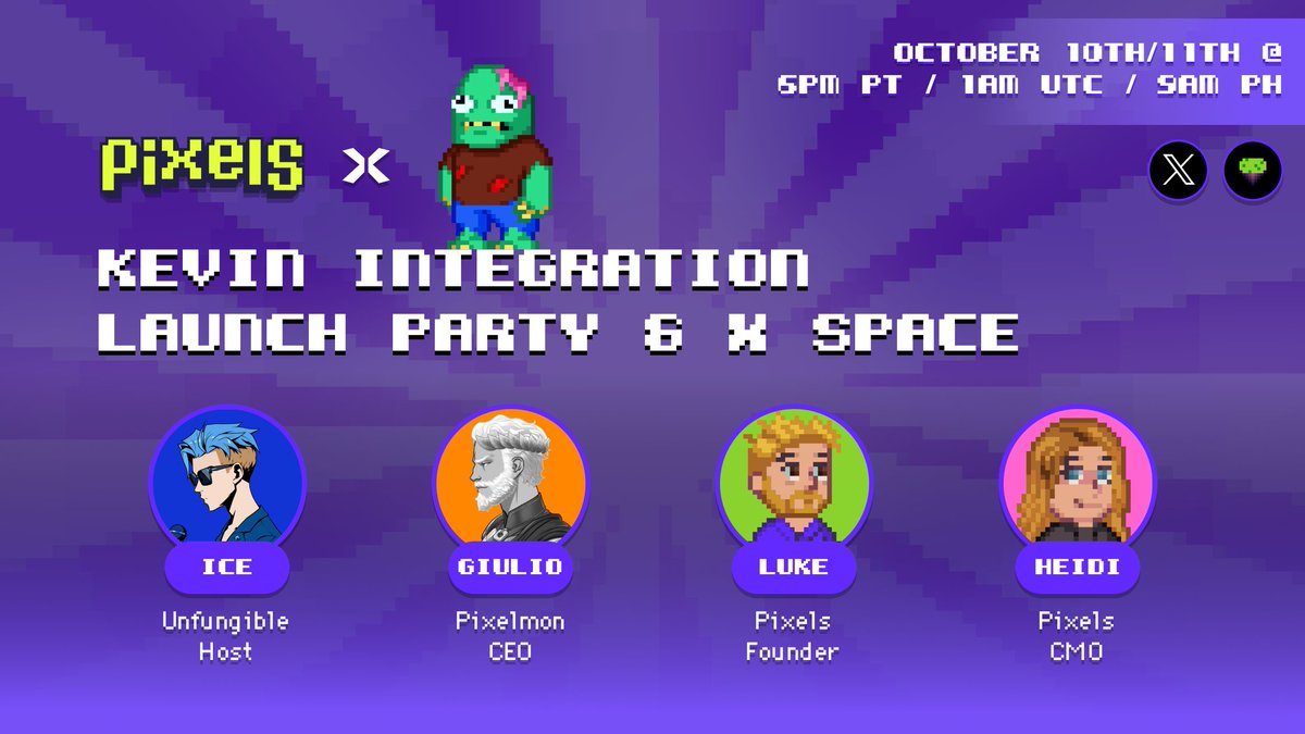 What does $PIXEL + $MON = ? I'd say it looks a lot like a Kevin avatar integration. 

Join us for a fun X Space and energy party to celebrate the launch! Link below ⬇️

🔥 <a href="/GiulioXdotEth/">GiulioX🐉 $MON🔺</a> <a href="/Pixelmon/">Pixelmon 🔺</a> 
🔥 <a href="/whatslukedoing/">Luke Barwikowski 🚜</a> 
🔥 <a href="/heidichristne/">heidi</a> 
🔥 <a href="/ice_nfts/">Ice’s main acc handle changed 👇🏻</a>