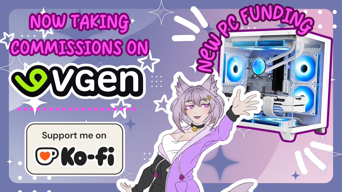 SisterVioletta_'s tweet photo. So it’s come to the point that I fully need to upgrade my PC to keep providing content for everyone! I want to avoid a hiatus, but I’m putting too much strain on my partners PC, so I’m opening up commissions on VGen to help fund! I have a kofi as well if you would like to support that way! All links and further details will be below! #VGenComms #Vtuber #ENVtubers