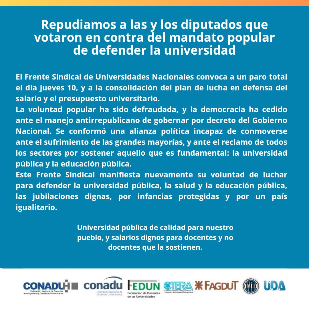 El Frente Sindical de #Universidades Nacionales convoca a un #paro total el día jueves 10, y a la consolidación del plan de lucha en defensa del salario y el presupuesto universitario.