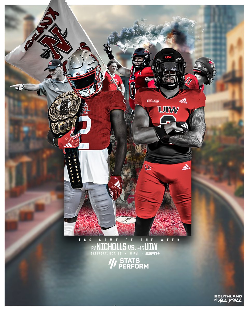 RUMBLE IN THE RIVERWALK

This week's FCS Game of the Week will feature the Nicholls Colonels visiting the 15th-ranked UIW Cardinals on Saturday night at 6 PM in San Antonio.

#GTL