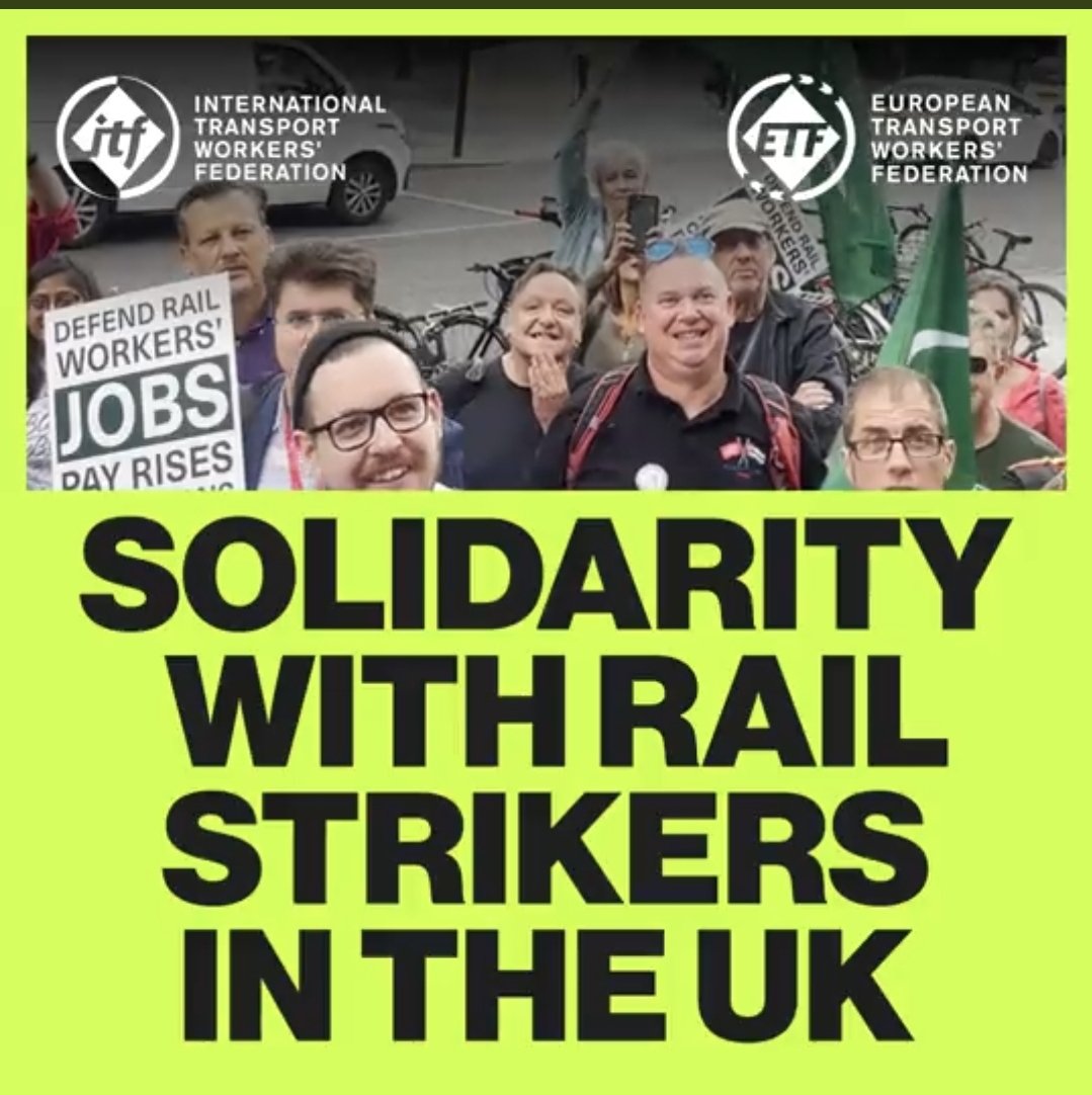 alexgordon4me's tweet photo. .@RMTunion is pleased to renominate @davidgobe1 as Chair of @ITFglobalunion Railway Workers’ Section at its 46th Congress and calls on ITF rail union affiliates to support his leadership. #Solidarité #Cheminots #Ensemble A bas la privatisation ferroviaire!
https://t.co/0sSWl3TB13 https://t.co/oWWsOUKUqG